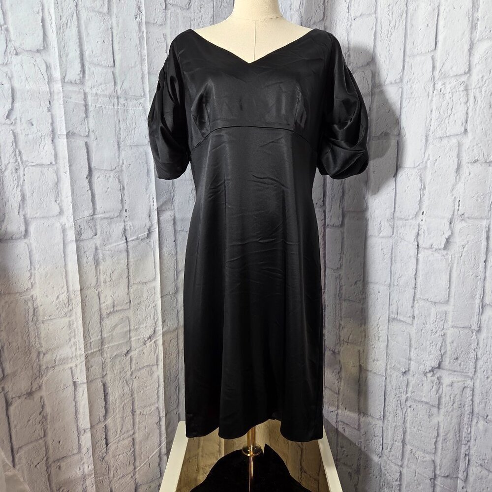 Antonia Melani 14 Black Satin V Neck Puff Sleeve Classic Cocktail Midi Dress